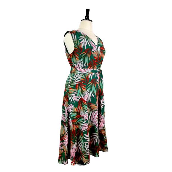 Tahari Maxi Dress V-neck Tie Waist Chiffon Green Tropical Leaf Women’s Size 16 - Picture 2 of 13